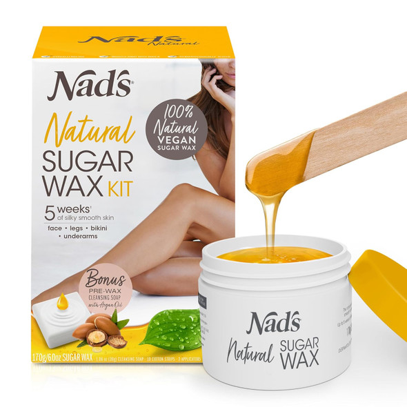 Nad'S 100% Natural Sugar Wax Kit Vegan Hypoallergenic No-Heat Formula Waxing Sugar Paste Includes 6 Wooden Spatulas 10 Reusable 100% Cotton Strips 1 Pre-Wax Cleansing Soap & Sugar Wax 6Oz