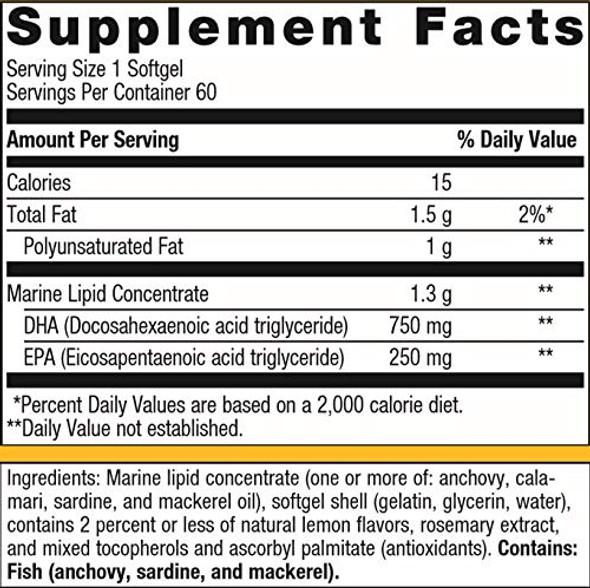 Metagenics - OmegaGenics Neuro 1000, 750 mg DHA and 250 mg EPA, Concentrated, Purified Source of Omega-3 Fatty acids, 60 Count