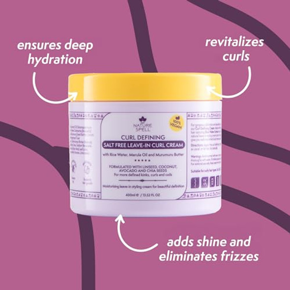 Nature Spell Curl Enhancing Leave-In Cream Sulfate & Paraben Protects From Heat Damage Smoothing & Styling Kinks Coils & Curls With Coconut Oil & Aloe Vera Color Safe Vegan 13.52 Fl Oz