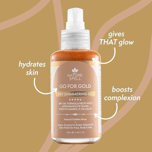 Nature Spell Dry Shimmering Oil For Body And Face Lightweight Moisturizer With Glowy Finish Infused With Argan And Coconut Oils Vegan For All Skin Types 3.38 Fl Oz