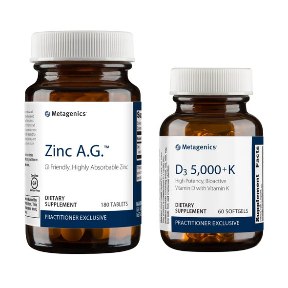 Metagenics D3 5,000 + K Vitamin D Supplement and Zinc A.G. - 5,000 IU Vitamin D Support for Bone, Cardiovascular, and Immune Health Bundled with GI-Friendly Highly Absorbable Zinc