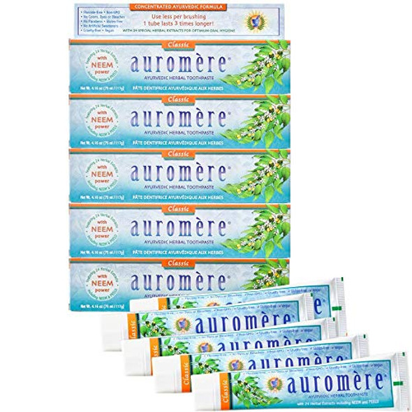 Auromere Ayurvedic Herbal Toothpaste Classic Licorice Flavour - Vegan Natural Non Gmo Fluoride Gluten With Neem & Peelu (4.16 Oz) 5 Pack