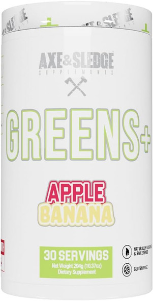 Axe & Sledge Greens+ Superfood Powder With Antioxidants Probiotics Digestive Enzymes Ksm-66 Ashwagandha And Coconut Water Powder Naturally Flavored & Sweetened 30 Servings (Apple Banana V2)