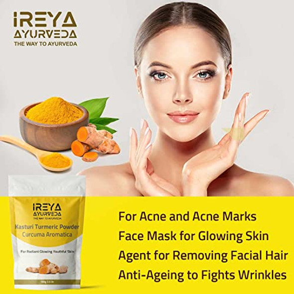 Ireya Ayurveda Kasthuri Manjal Powder For Skin And Face Care (3.5 Oz) Kasturi Turmeric Wild Turmeric Powder Curcuma Aromatica Helps In Glowing Skin Acne And Radiant Skin 100G