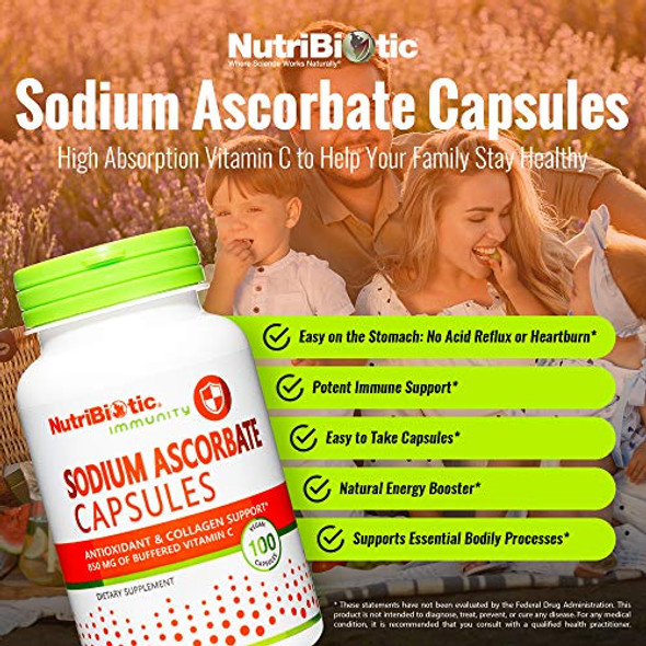 Nutribiotic - Sodium Ascorbate Buffered Vitamin C Capsules 100 Ct Vegan Non-Acidic & Easier On Digestion Than Ascorbic Acid Essential Immune Support & Antioxidant Supplement Gluten & Gmo