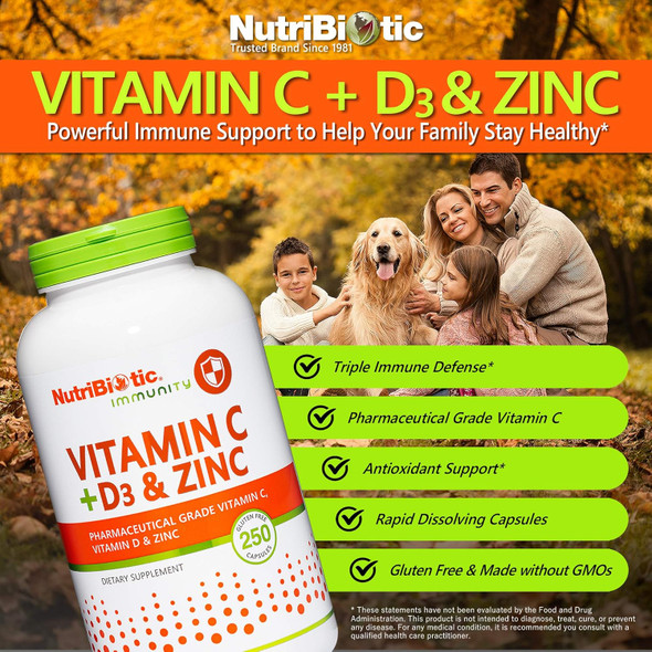 Nutribiotic – Vitamin C + Vitamin D3 & Zinc 250 Capsules Potent Comprehensive Immune Support Essential & Antioxidant Daily Supplement Gluten & Gmo