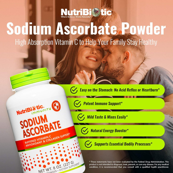 Nutribiotic - Sodium Ascorbate Buffered Vitamin C Powder 8 Oz Vegan Non Acidic & Easier On Digestion Than Ascorbic Acid Essential Immune Support & Antioxidant Supplement Gluten & Gmo