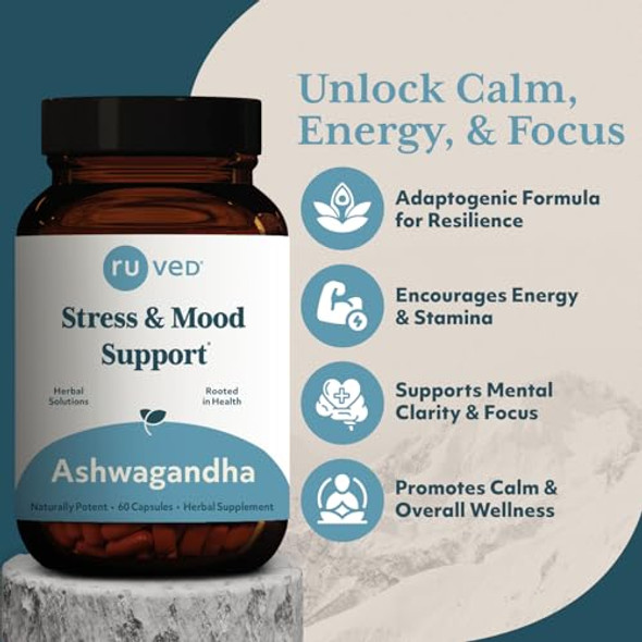 Ruved Ashwagandha Capsules - Organic Ashwagandha Root Extract Supplement For Men & Women 500Mg Per Pill For Adrenal Health And Overall Wellness - 60 Vegetarian Caplets (1 Count)