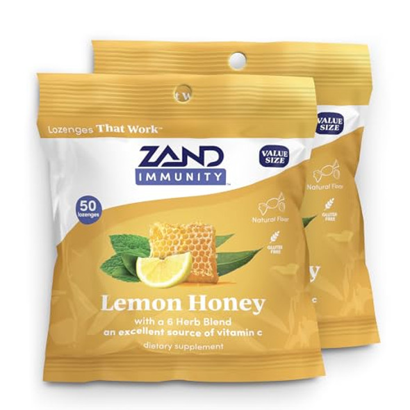Zand Immunity Lemon Honey Throat Lozenges 2 Pack With Vitamin C Organic Honey - Good-For-You Dry Mouth Lozenges - Immune Support Supplement - Natural Flavor Vegetarian Gluten 50Ct Ea