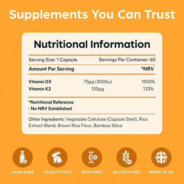 Purolabs Vitamin D3 3000iu & K2 100ug (MK7) - High Strength Vitamin D Supplement for Immune Support Mood & Bone Health - Vitamin D3 K2 Vegetarian Capsules - Vitamin D Tablets 60 Count
