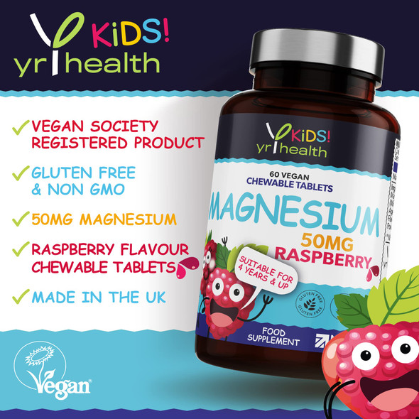 yrhealth Kids Magnesium Tablets for Sleep Anxiety and Ticks 50mg Chewable Raspberry Flavour Magnesium for Kids 60 Vegan Chewable Tablets