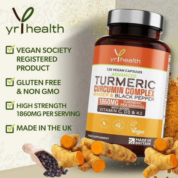 yrhealth Turmeric Capsules High Strength 1860mg with Black Pepper Ginger Vitamin C & D for Immune System & Joints Plus K2 Mk7-120 Vegan Capsules