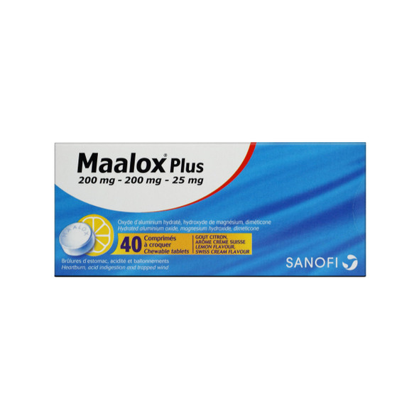 Maalox Plus 200mg+ Heartburn and Indigestion Chewable 40 Tablets