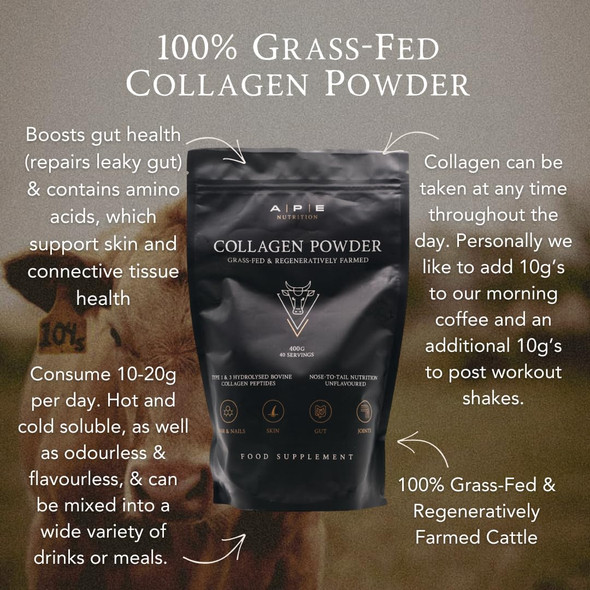 APE Nutrition Collagen Powder Peptides 400g 100% Grass-Fed & Finished Bovine Collagen Type 1 & 3 Ancestral Supplement Unflavoured