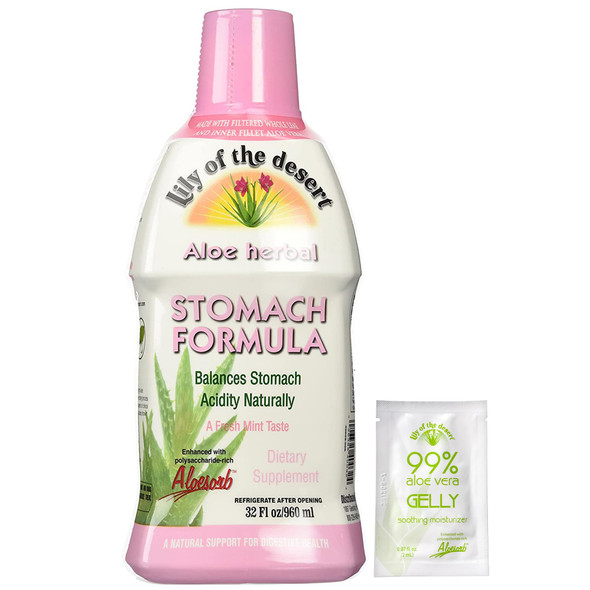 Lily of The Desert Stomach Formula Organic Aloe Vera Juice with Slippery Elm Chamomile Peppermint and Ginger for Gut Health Acid Reflux Heartburn Relief 32 Oz Gelly Sachet Included.