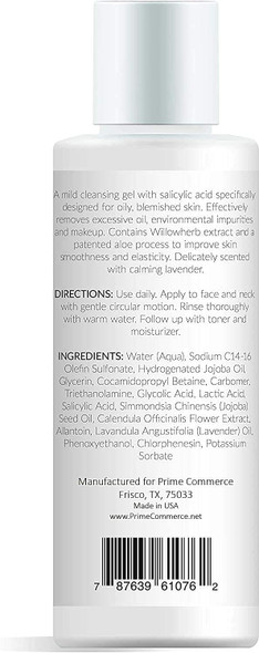 promesse Acne Control Facial Cleanser - Anti-Aging Exfoliating Wash with Glycolic & Salicylic Acid, Lavender - 4 fl oz