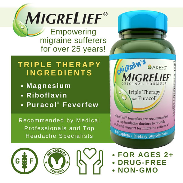 Migrelief Children's MigreLief  Triple Therapy with Puracol Nutritional Support for Pediatric Migraine Sufferers  60 Caplets 1 Month Supply