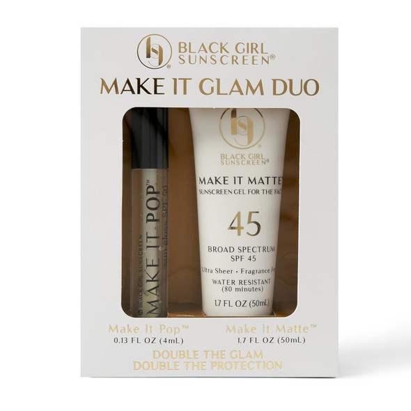 BLACK GIRL SUNSCREEN – Face & Lip Sunscreen Make It Glam Duo – 1 SPF 45 Make it Matte Clear Sunscreen for Face & 1 Make it Pop SPF 50 Sungloss for Protected Poppin' Lips