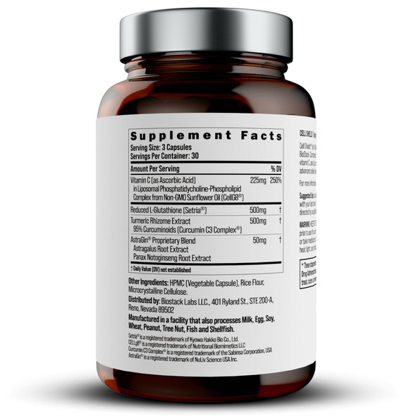 BIOSTACK Cell Shield with Setria Glutathione | Liposomal Supplement with Vitamin C Turmeric and C3 Curcumin Complex | Pure Reduced L-Glutathione 500mg