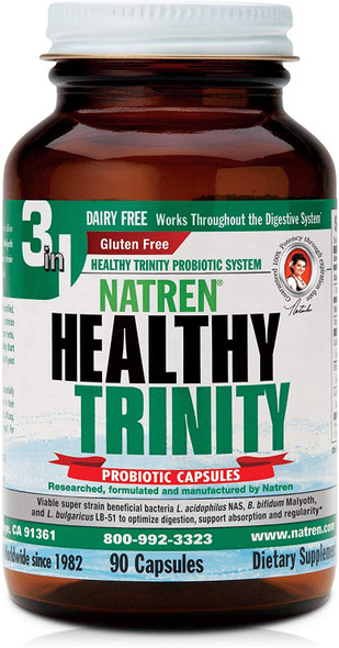 Natren Healthy Trinity Probiotics Supplement - 90 Dairy and Gluten Free Gel Capsules - Improve Gut and Digestive Health 30 Billion CFU - Lactobacillus Acidophilus Bifidobacterium Bulgaricus