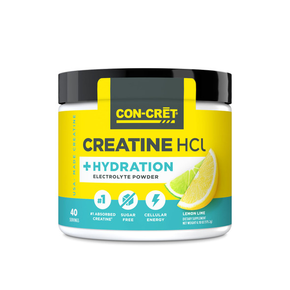 CON-CRET Creatine HCl + Hydration | Electrolyte Powder Tub | Lemon Lime | Sugar Free Electrolytes | Rehydration Formula w Potassium Sodium Zinc Magnesium to Hydrate & Recover (40 serv)