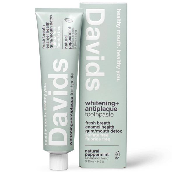 Davids Fluoride Free Toothpaste Teeth Whitening Antiplaque SLS (Sulfate) Free Promotes Enamel Health Mouth & Gum Detox EWG Verified Peppermint 5.25oz