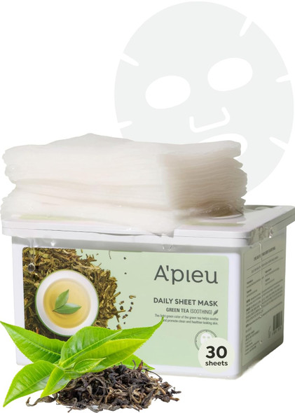 A'PIEU Daily Sheet Mask (Green Tea) - Moisturizing Korean Face Masks, 30-day supply, Lyocell fabric for comfort, Saturated with Green Tea Extract Essence