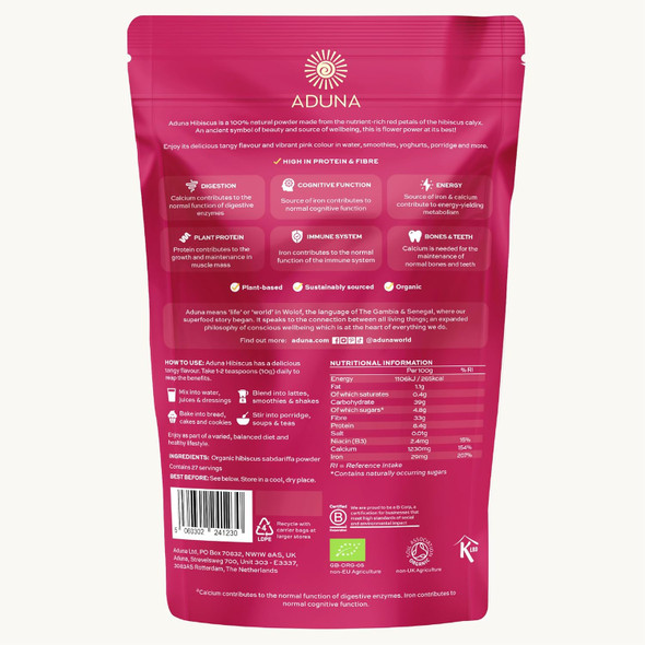 Aduna Organic Hibiscus Powder | 100% Hibiscus Flower for Skin, Gut and Heart Health | Natural Vegan Source of Antioxidants and Vitamin C | Superfood Powder for Teas, Smoothies, Juices and More | 275g
