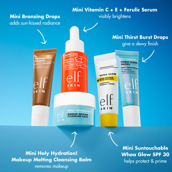 e.l.f. SKIN Best & Obsessed Skincare Kit Travel-Size Makeup Remover Sunscreen & Brightening Serums For Glowy Skin Vegan & Cruelty-Free