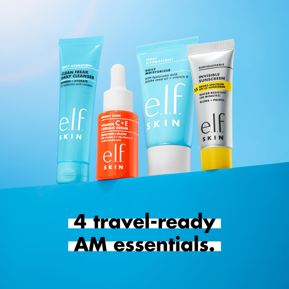 e.l.f. SKIN Wake the e.l.f. Up Skincare Kit Travel-Size Hydrating Face Cleanser Sunscreen Moisturizer & Brightening Serum Vegan & Cruelty-Free