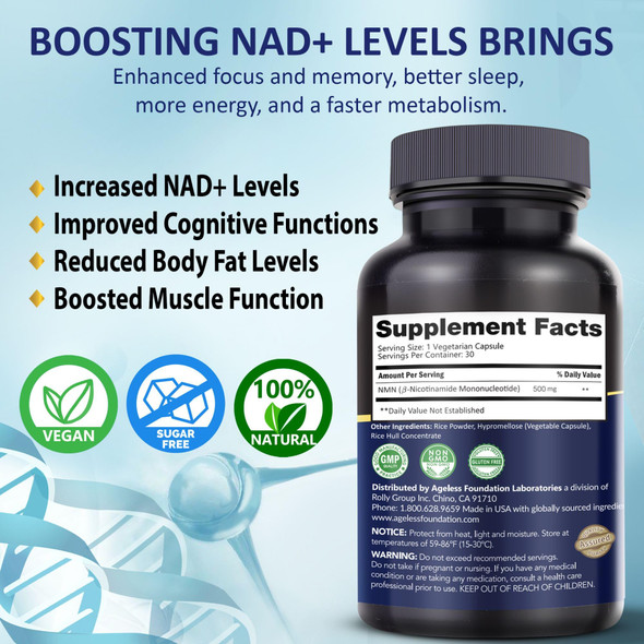 Ageless Foundation Laboratories NMN Supplement 500mg Nicotinamide Mononucleotide | Supports NAD+ Levels, Energy, Cognitive Function, Muscle Health & Healthy Body Composition – Capsules (30)