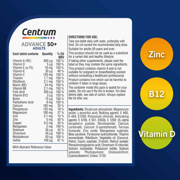 Centrum Advance 50+ Tablets Multivitamin & Mineral Supplements, with 24 essential nutrients, including vitamin D, C, Zinc, 180 ct