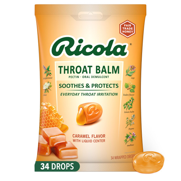 Ricola Throat Balm Caramel Throat Drops with Liquid Center 34 Count