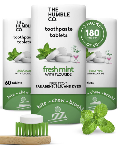 The Humble Co Chewable Toothpaste Tablets with Fluoride Mint - Bite, Chew, Brush - Zero Water & Plastic Free Toothpaste Tabs - Travel-Friendly & Waste-Free Dental Oral Care Hygiene - 180 Count