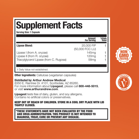 Arthur Andrew Medical Lipagest - Concentrated Lipase Enzyme - 20,000 FIP - Optimal Digestion of Fats - Nutrient Absorption - Gallblader & Keto Support - Dairy-Free & Vegan - 90 Capsule