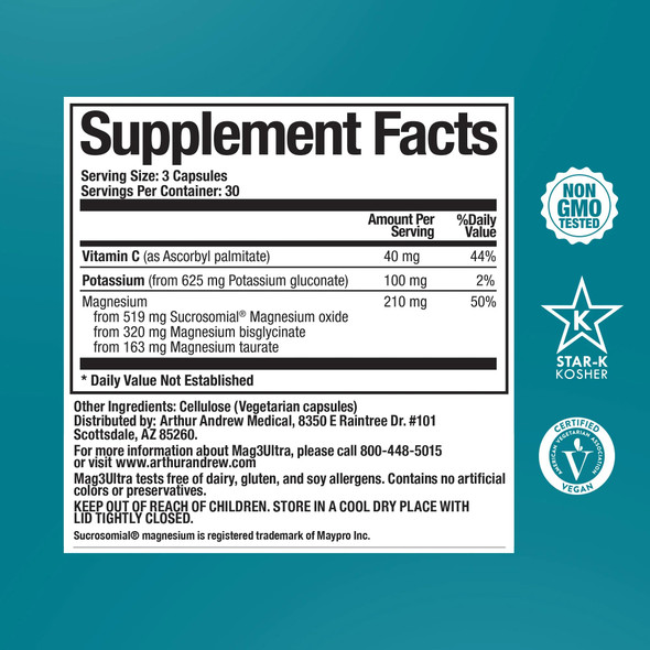 Arthur Andrew Medical, Mag3Ultra Triple Magnesium Supplement, Sucrosomial, Bisglycinate, Taurate for Muscle, Stress, Mood, Nerve, Bone & Heart Support, 90 Capsules