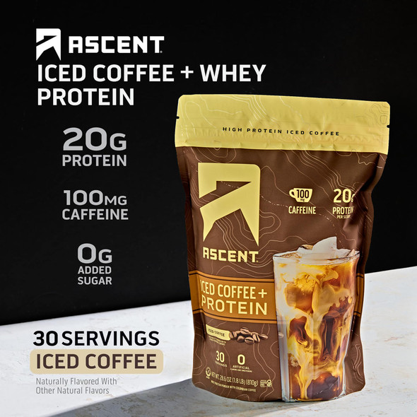 Ascent Iced Coffee Protein Powder - High Protein Coffee Powder, 20 g Protein & 100 mg Caffeine - 30 Servings