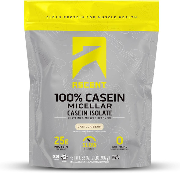 Ascent Casein Protein Powder - 25g Micellar Casein Powder with Zero Artificial Flavors & Sweeteners, Gluten-Free, No Added Sugar, 4.9g BCAA, 2.2g Leucine - Vanilla Bean, 2 Pounds
