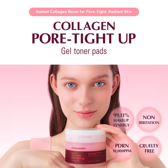 EQQUALBERRY Collagen Pore-Tight Up Gel Toner Pads – Korean Pore-Tightening Jelly Pad with Deep Absorption Collagen Hydrating & Firming Formula 4.73 FL.OZ. (140ml) / 60 Pads