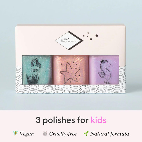 Manucurist Kids Nail Polish Set Bonnie Stella Janis - Glitter Blue Pale Pink Mauve - Water Based Non Toxic - Princess Party Favors - Vegan & Made in France - From 3 Years Old - Christmas Gifts