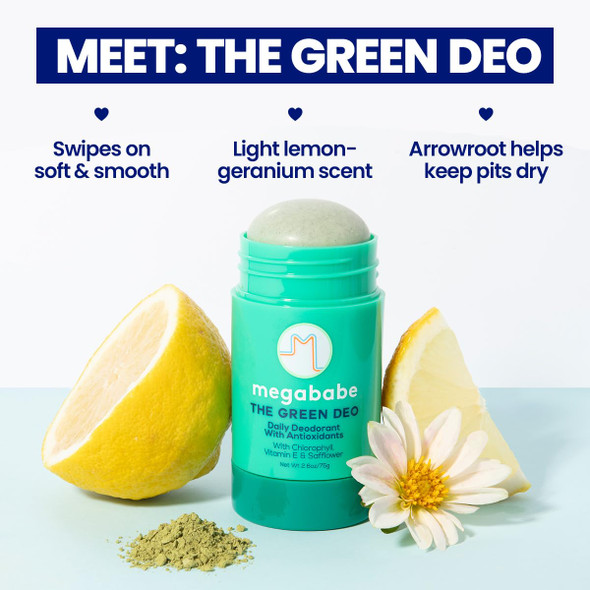 Megababe Daily Deodorant - The Green Deo with Vitamin E & Safflower | Aluminum-Free Solid All Natural | Geranium & Lemon | Free from Parabens Sulfates & Phthalates | 2.6 oz