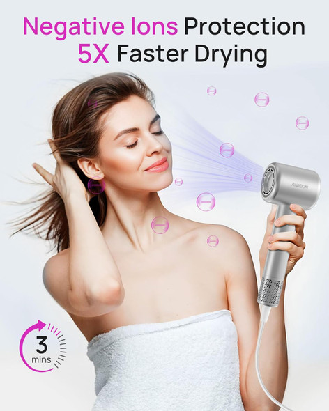 Aniekin Hair Dryer High-Speed Ionic Low Noise Blow Dryer For Fast Drying Birthday Christmas S For Women Men Mom Dad Thermo-Control Quiet Compact Hair Blow Dryer For Travel Salon Silver
