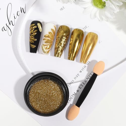 Artdone 2 Jars Chrome Nail Powder White And Gold Pearliridescent Aurora Powder Metallic Mirror Effect Pigment Pearlescent Mermaid Pearl Glitter Dust Kit (White And Gold)