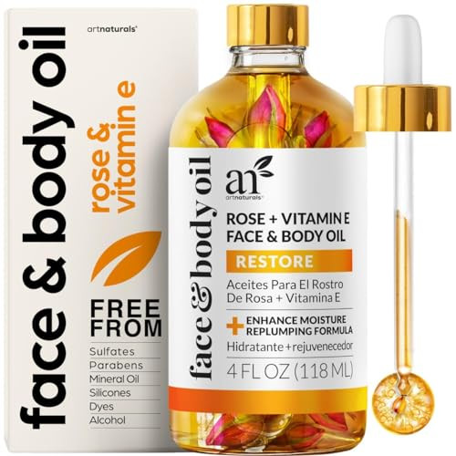 Artnaturals Organic Rose + Vitamin E Face Oil 4.0Oz - For Body & Hair - 100% Natural Moisturize Rejuvenate & Enhance Your Skin - Anti-Aging Moisturizer Facial Oil For Fine Lines Scars & Wrinkles