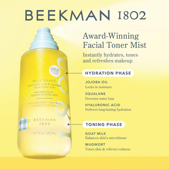 Beekman 1802 Milk Shake Mini Hydrating Face Mist - Hyaluronic Acid & Squalane Facial Mist Minimizes Pores & Gently Moisturizes Goat Milk Skin Toner Spray Lightweight Fragrance  Travel Size