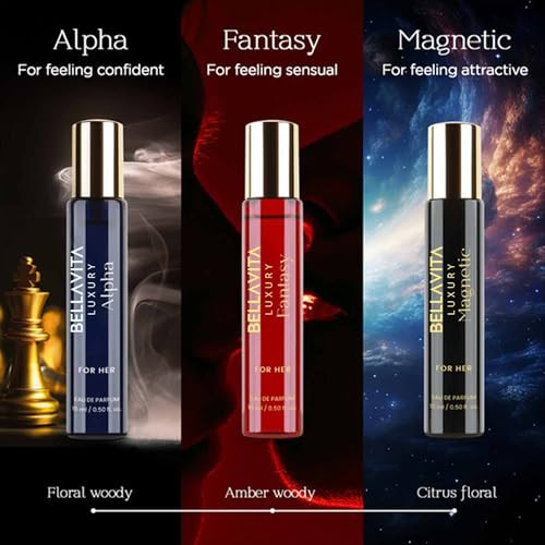 Bellavita Luxury Mood Collection  Set (3X15Ml) For Women  Pheromone Inspired Technology Long Lasting Fragrance  Includes Alpha Fantasy & Magnetic Perfumes  Pink Pepper Benzoin And Jasmine