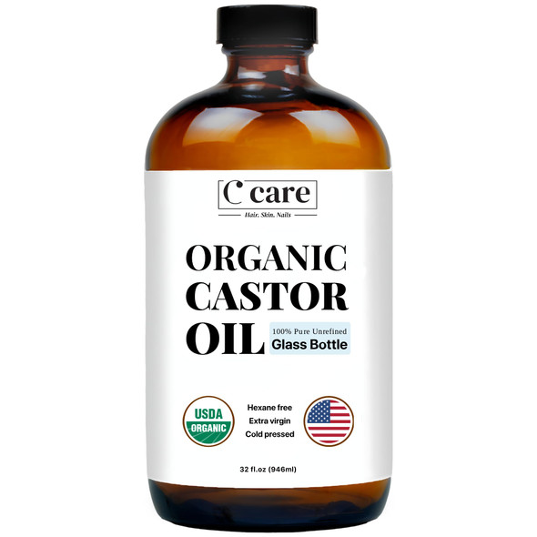 C Care Castor Oil 100% Pure Organic Cold Pressed Unrefined Glass Bottle  Usda  Organic  Hexane  Extra Virgin  For Hair Growth Eyebrows Eyelashes Skin And Castor Oil Pack Wrap  16Oz