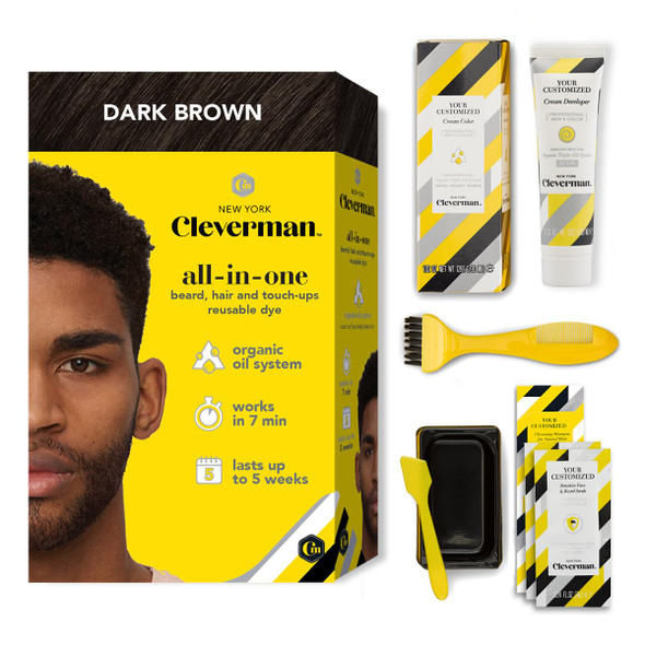 Cleverman Hair & Beard Dye Kit For Men All-In-One Reusable Mens Hair Color Natural Gray Coverage Ammonia- Beard Mustache Dye For Men (Jet Black For Black Men)