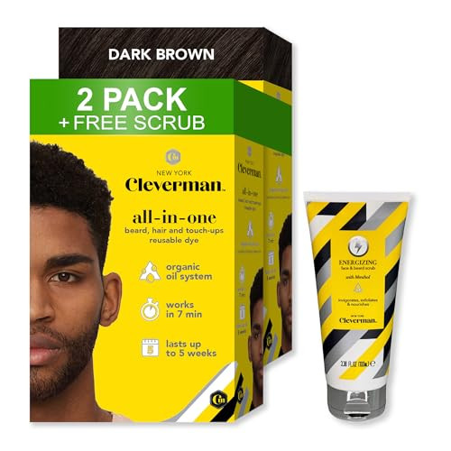 Cleverman 2 Pack - Dark Brown Hair & Beard Dye For Black Men X2 + 1  Sensitive Face & Beard Scrub
