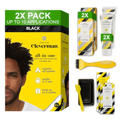 Cleverman 2X Pack Hair & Beard Dye Kit For Men All-In-One Reusable Mens Hair Color Natural Gray Coverage Ammonia- Beard Mustache Dye For Men (Black For Black Men)